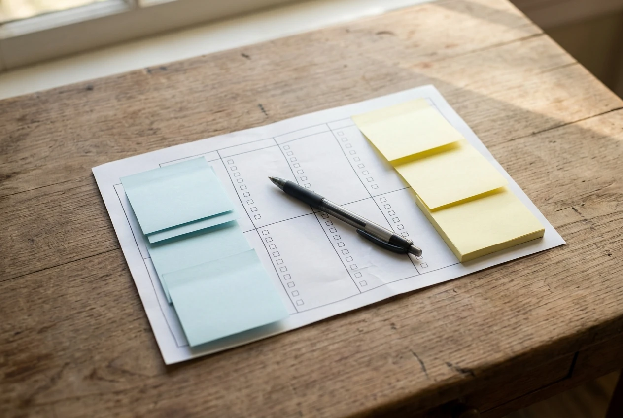 A weekly task list on a sheet of paper laid on a wooden desk, with sticky notes sorted into two groups: pale blue notes on the left for jobs that can run on their own, and yellow n