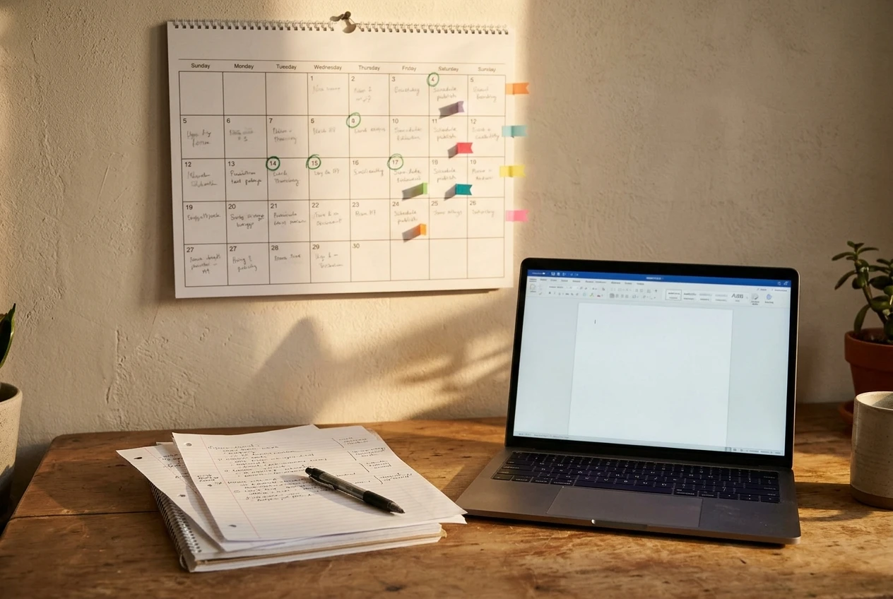 A wall calendar on a home office wall with several upcoming dates circled in green and small paper tags marking scheduled publish days. A laptop below it shows a blank draft, and a stack of finished handwritten outlines sits beside it in warm afternoon light.