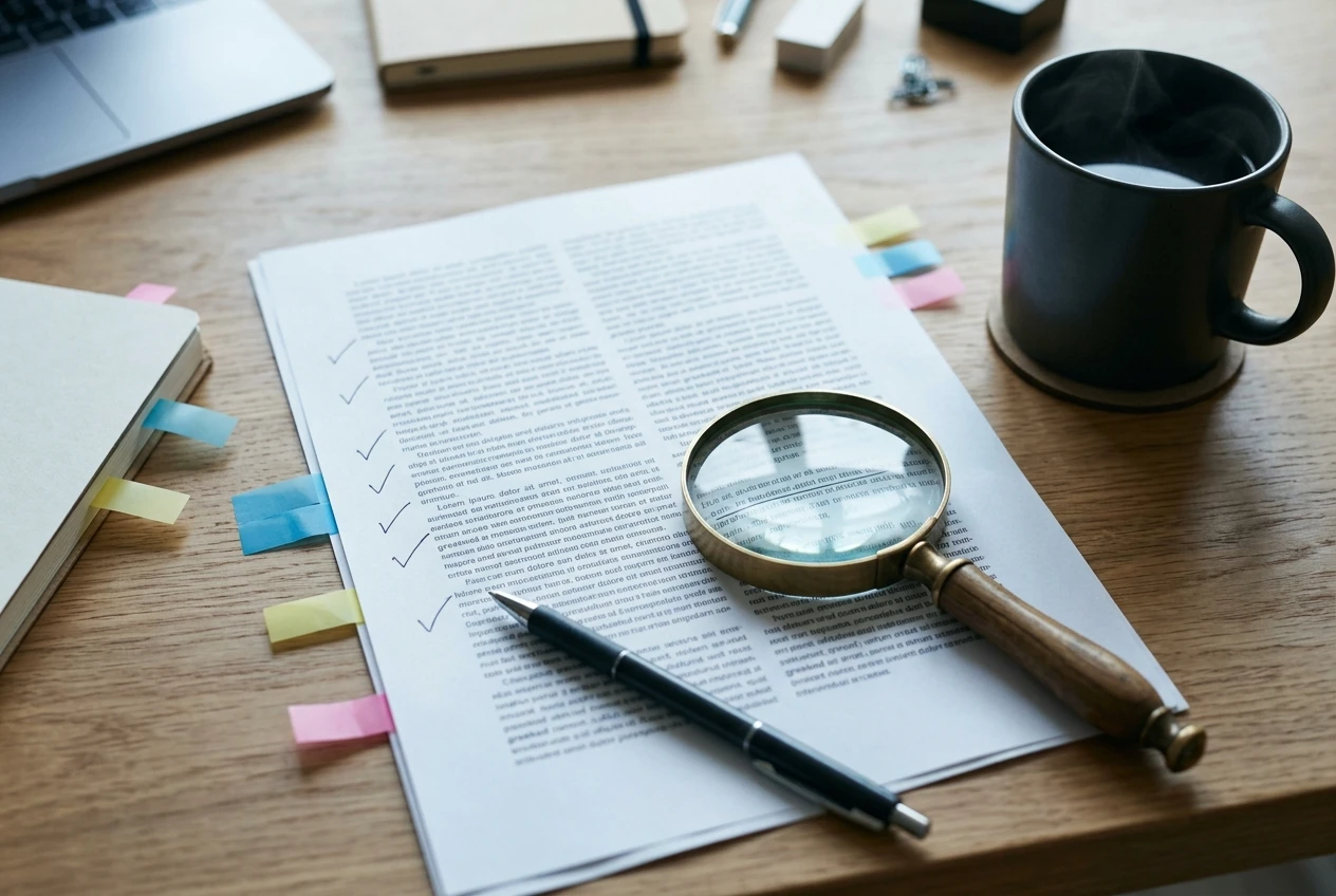 A printed article page on a desk with a pen checking off items down the margin, a magnifying glass resting over one underlined link, and a coffee mug beside it. Quiet, tidy workspace with cool daylight and a few sticky flags marking pages due for review.