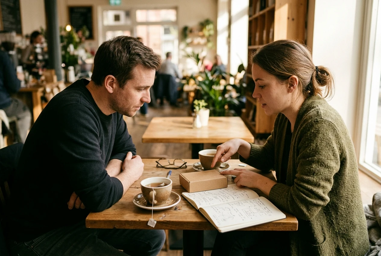 Two people sitting across a small cafe table, one leaning in to listen while the other points at a product box and a notebook between them. Warm, natural light, with half-finished cups of tea and an open notebook full of handwritten notes.