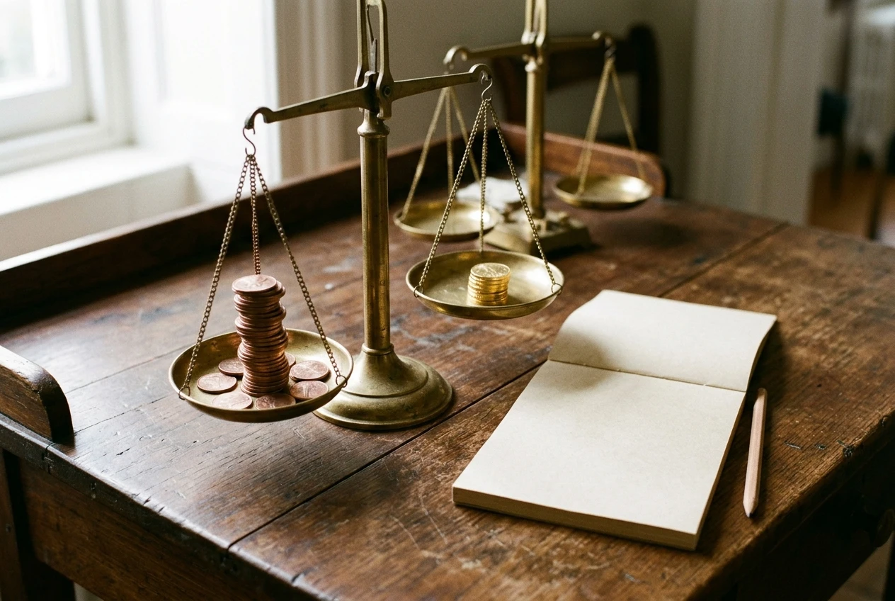 Two balance scales on a wooden desk in soft daylight: on one side a tall stack of small copper coins, on the other a single small stack of gold coins, tipped to near balance, with a