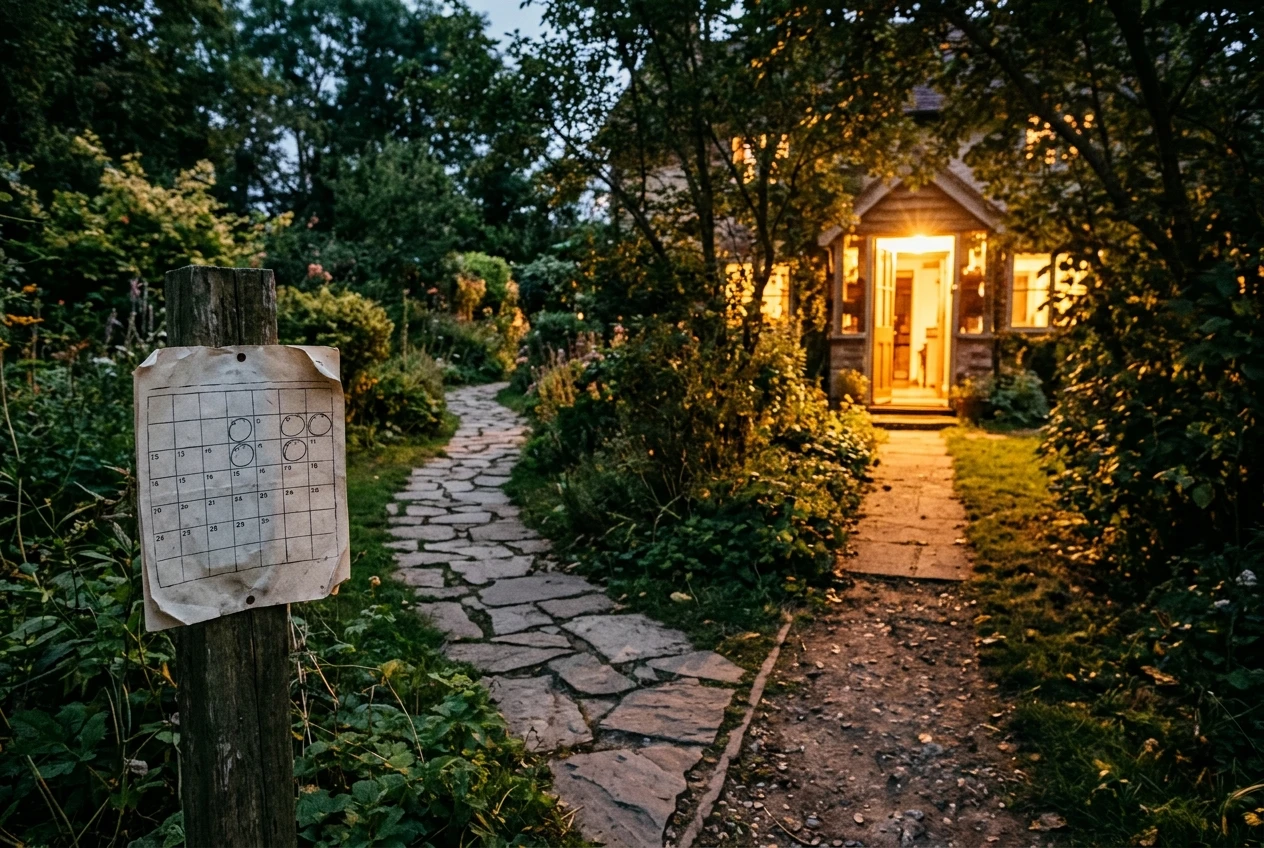 A winding stone path with a short straight path beside it, both leading to the same bright doorway at dusk; a hand-drawn paper calendar with a few days circled sits pinned near the longer path, warm amber light.