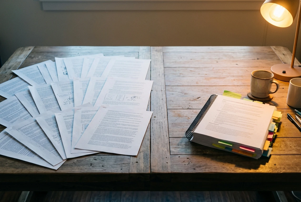 A split workspace scene: on the left, a wide spread of many short printed pages fanned across a table; on the right, one thick bound report with sticky tabs and a coffee cup, under a warm desk lamp with muted blue and cream tones.