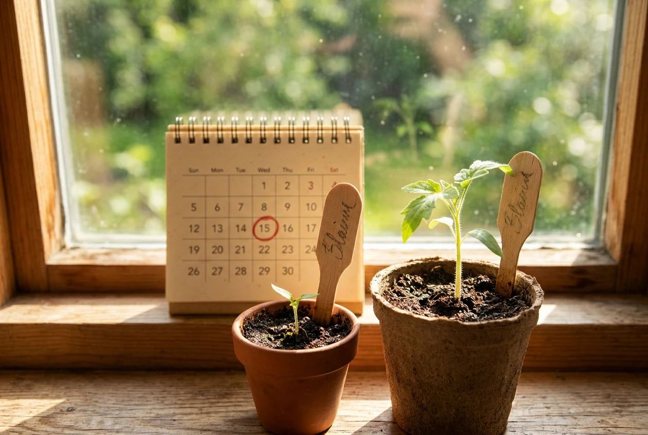 Two small potted seedlings of different sizes placed side by side on a sunny windowsill, each with a handwritten wooden tag and a small desk calendar with one date ringed in red behind them, bright morning light and green tones.