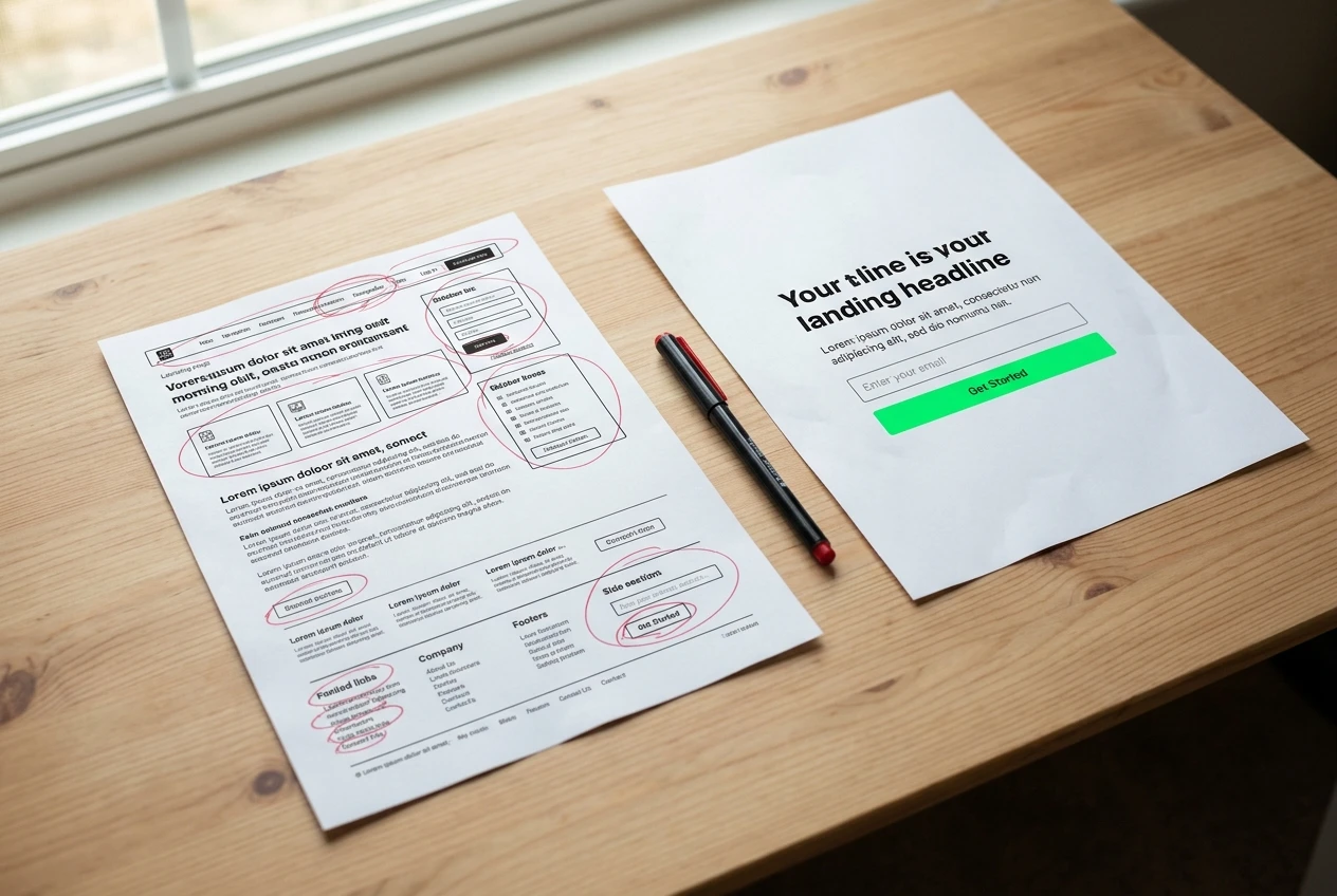 Two printed landing page mockups side by side on a light wooden desk: the left one cluttered with a menu bar, sidebar boxes and several links circled in red pen, the right one strip