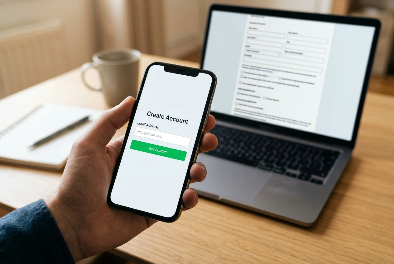 A smartphone held in one hand showing a clean sign-up form with just a single email field and a large green button, while a laptop on a tidy desk behind it shows a longer, crowded form out of focus. Warm indoor light, shallow depth of field, muted blue and white tones.