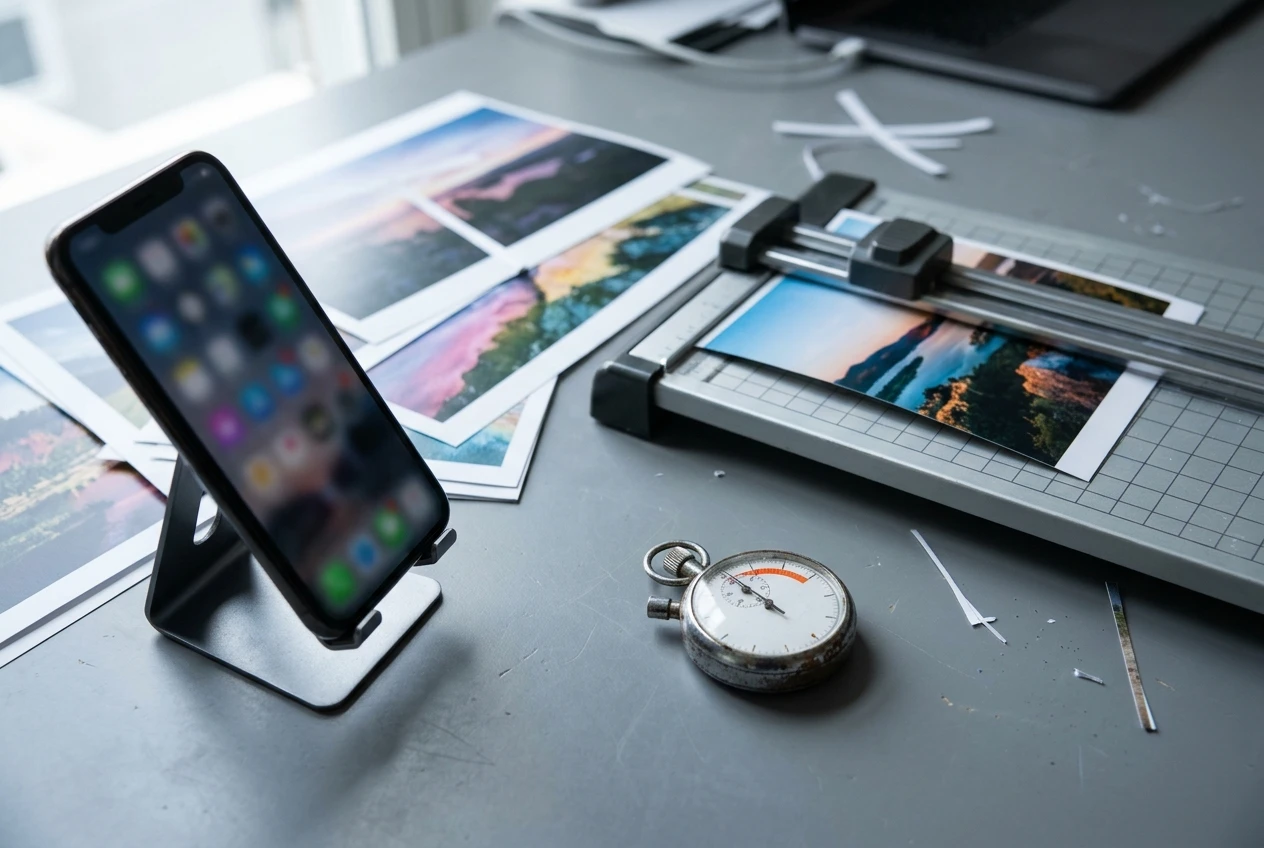 A smartphone propped on a stand at an angle on a desk beside a small analog stopwatch, a few oversized printed photos lying next to it with one being slid into a paper shredder-style crop guide. Cool daylight, neutral grey desk, hint of urgency in the stopwatch face.