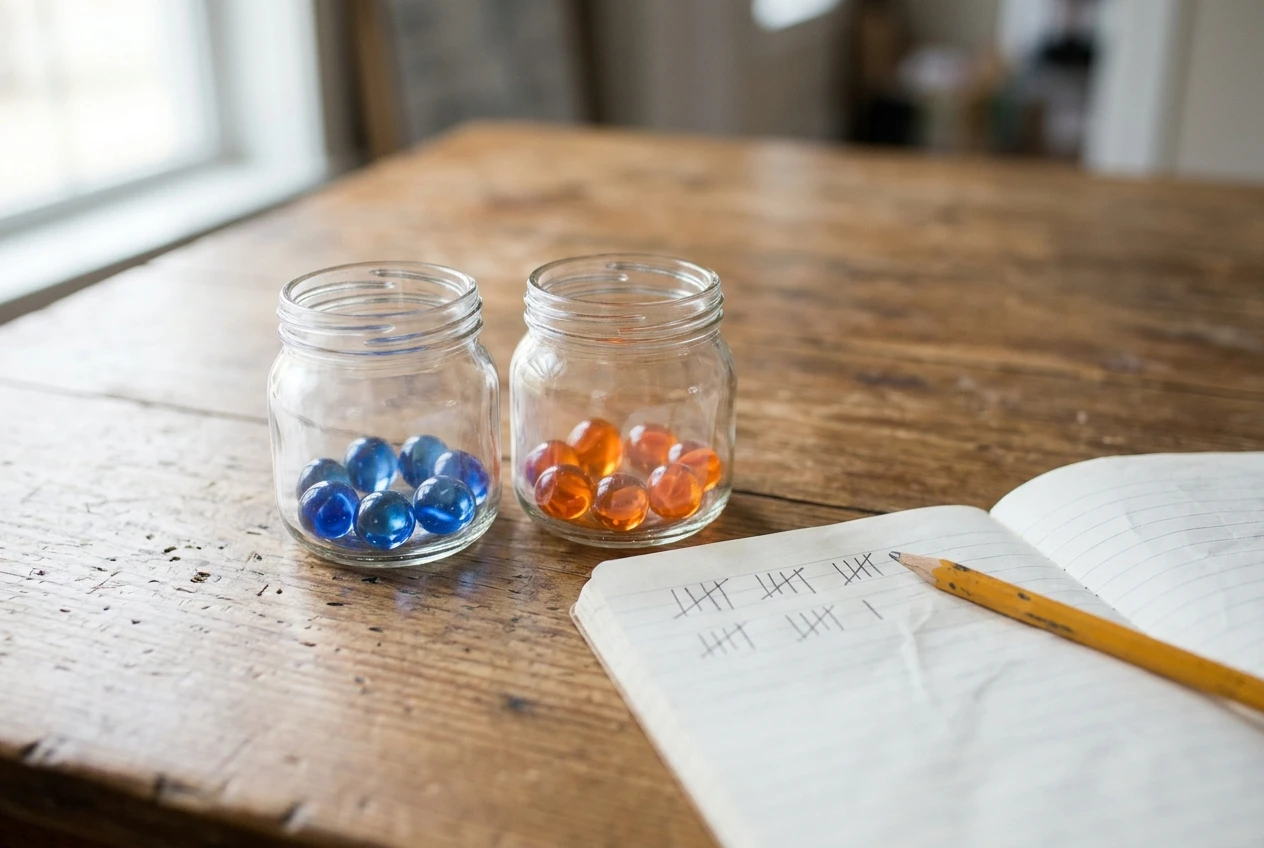 Two small identical jars on a table, one filled with a few blue marbles and the other with a few orange marbles, beside an open paper notebook with handwritten tallies and a pencil. Bright natural light, shallow focus, conveying small sample sizes being compared side by side.