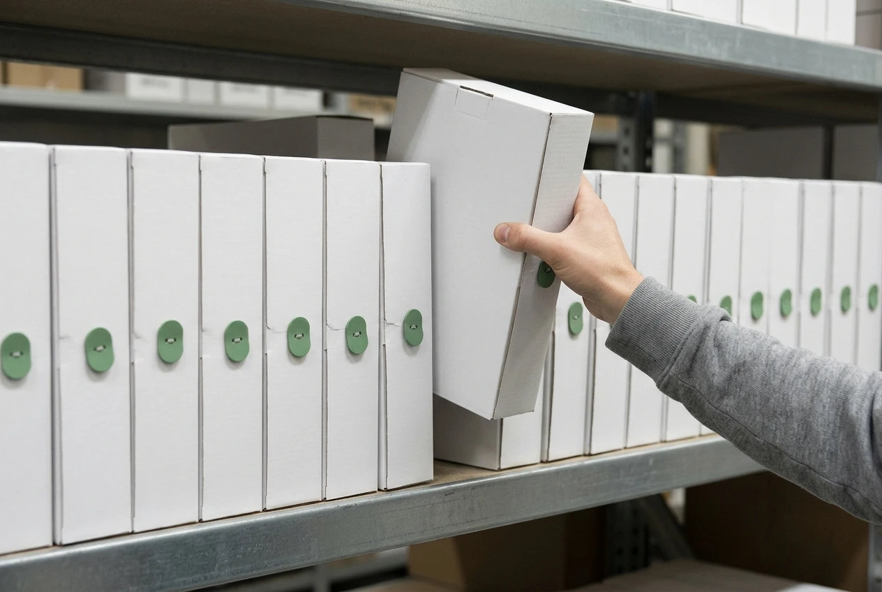 A long row of identical white product boxes on a shelf, each with the same plain green button-shaped tag, while one hand lifts a single box out of the row and the gap closes behind it.