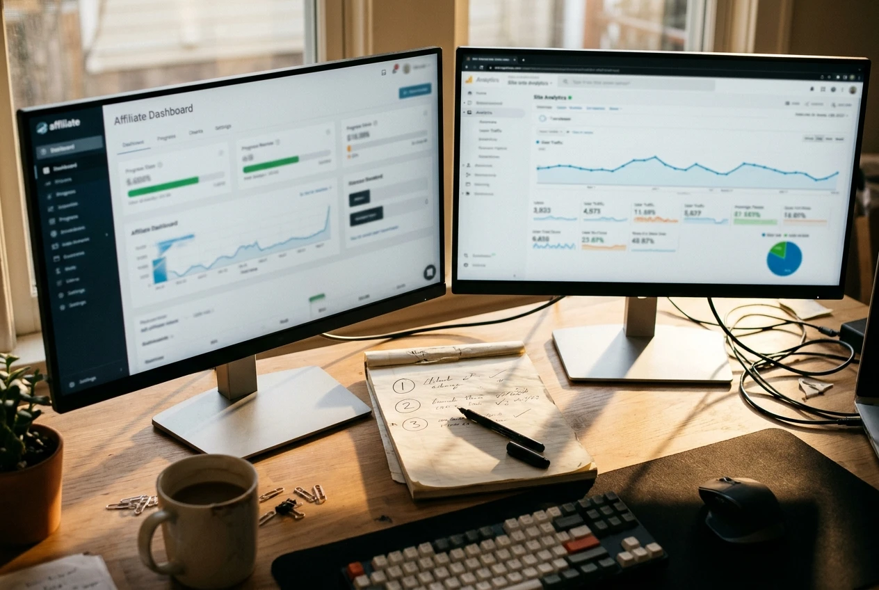 A desk with an affiliate dashboard on one monitor and a site analytics page on a second monitor side by side, a hand-written notepad between them with three circled numbers and a pe