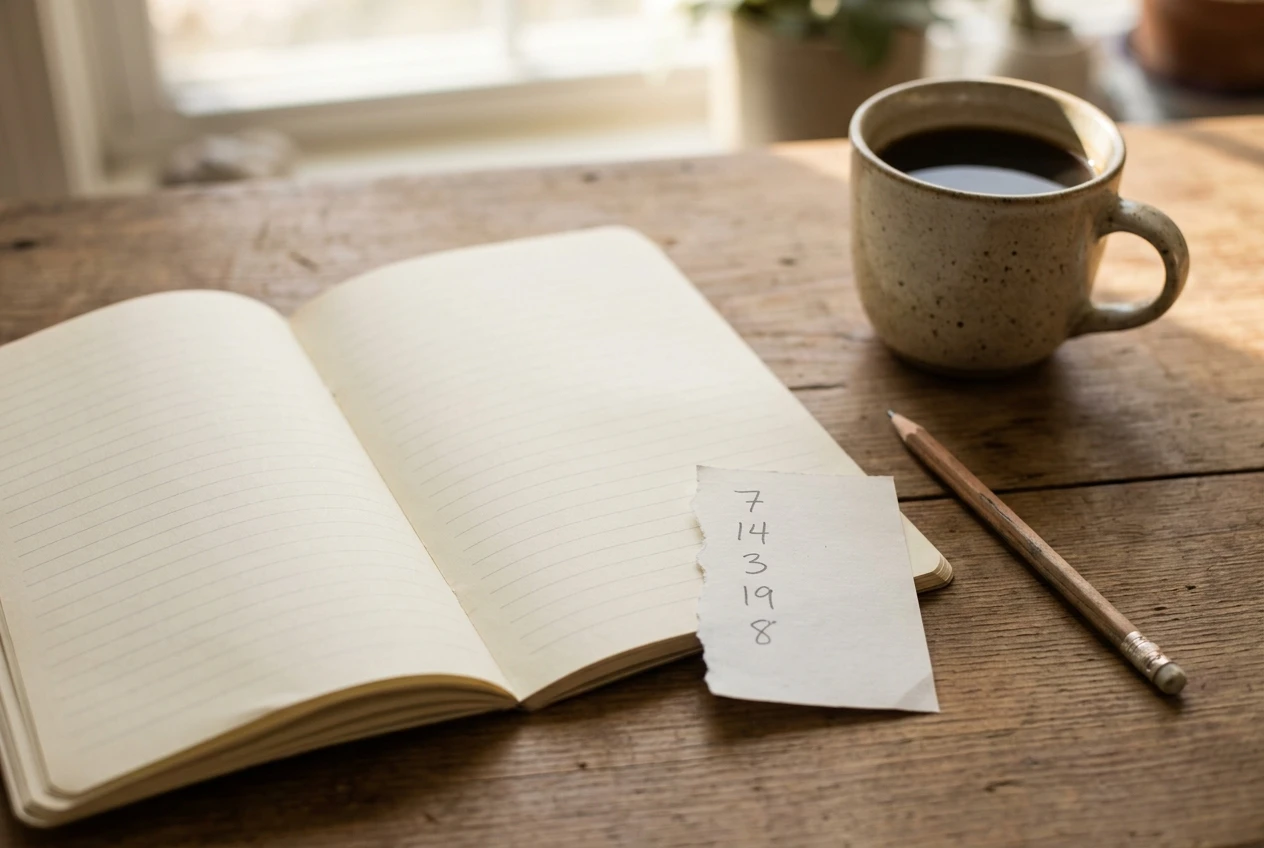 A paper notebook open on a wooden desk beside a small handwritten tally of five numbers, with a pencil and a mug of coffee, lit by soft morning window light in warm neutral tones.