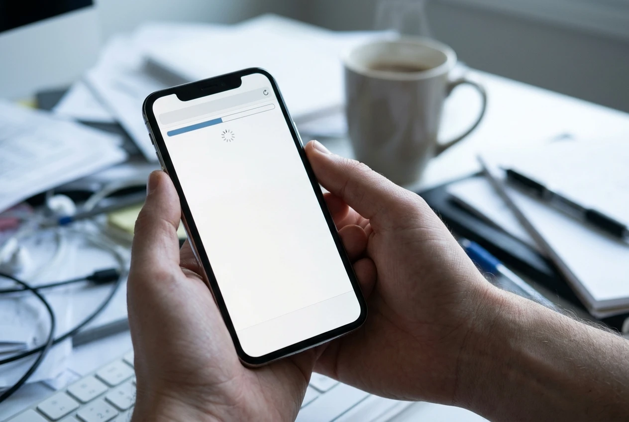 A close-up of a smartphone held in a hand showing a half-loaded blank web page with a stalled loading bar, set on a cluttered desk in cool morning window light, with a coffee mug bl