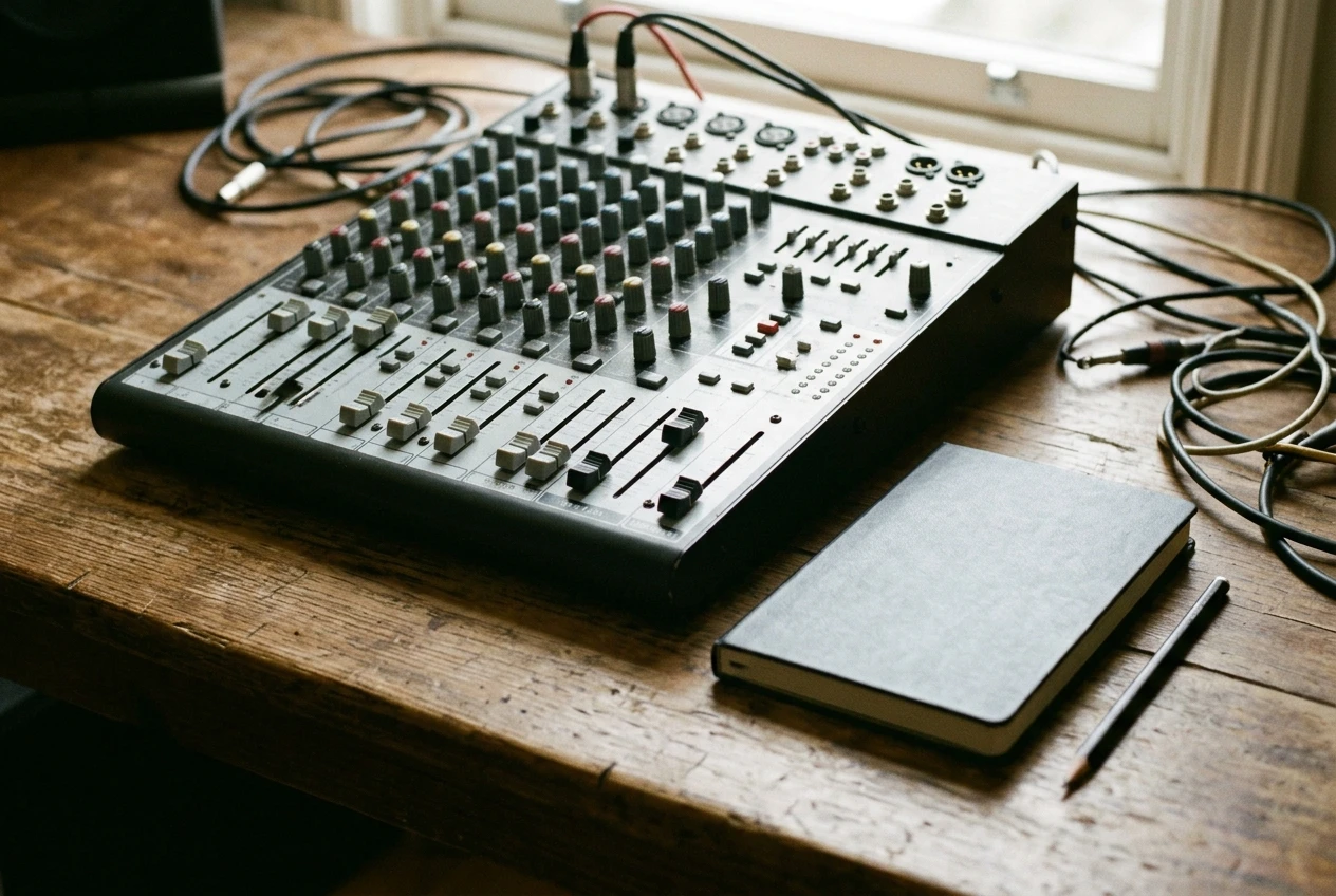 A mixing console on a wooden desk with a dozen sliders all pushed to different positions, next to a closed notebook and a single pencil, lit by soft window light. It shows what happ