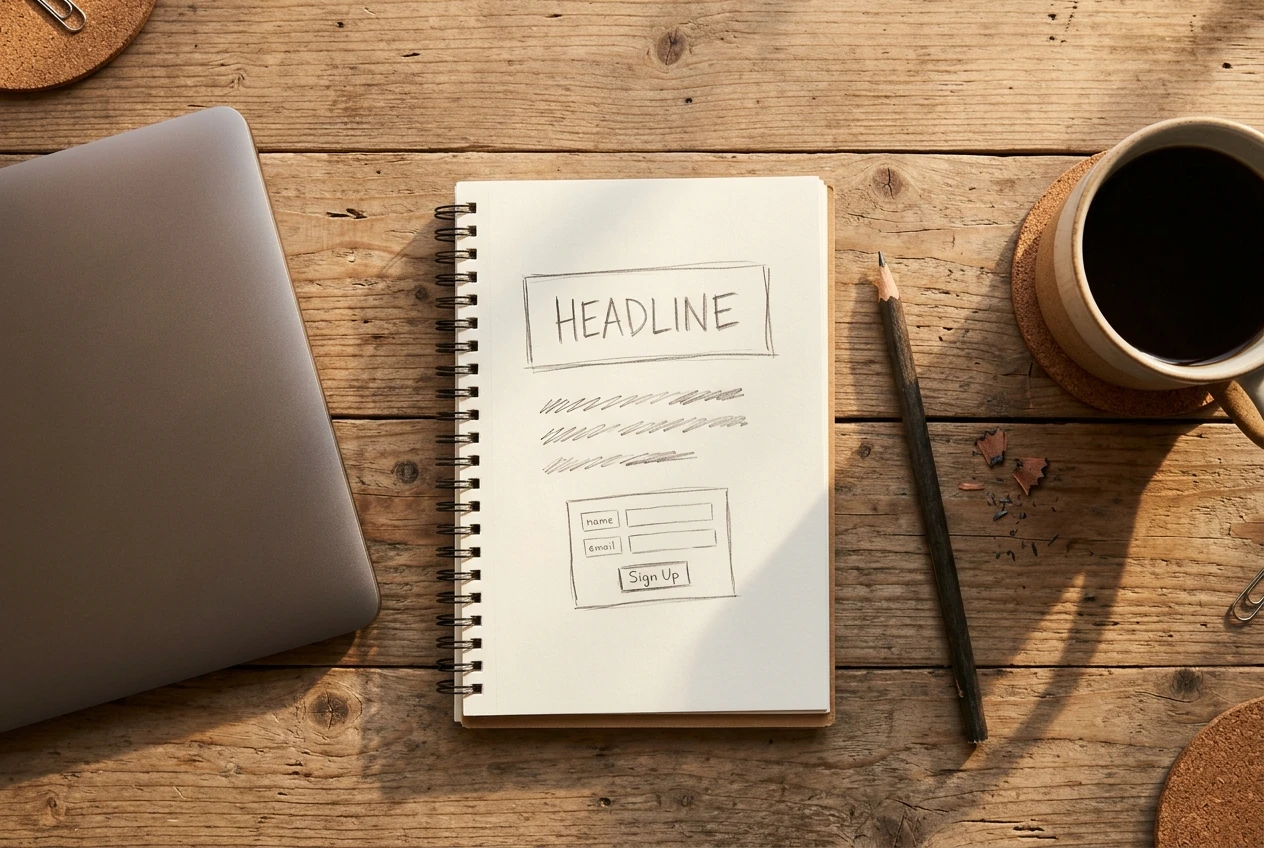 A wooden desk seen from above in warm morning light: a notebook with a hand-sketched sign-up page wireframe (a headline box, three short lines and a small form), a pencil, and a mug of coff