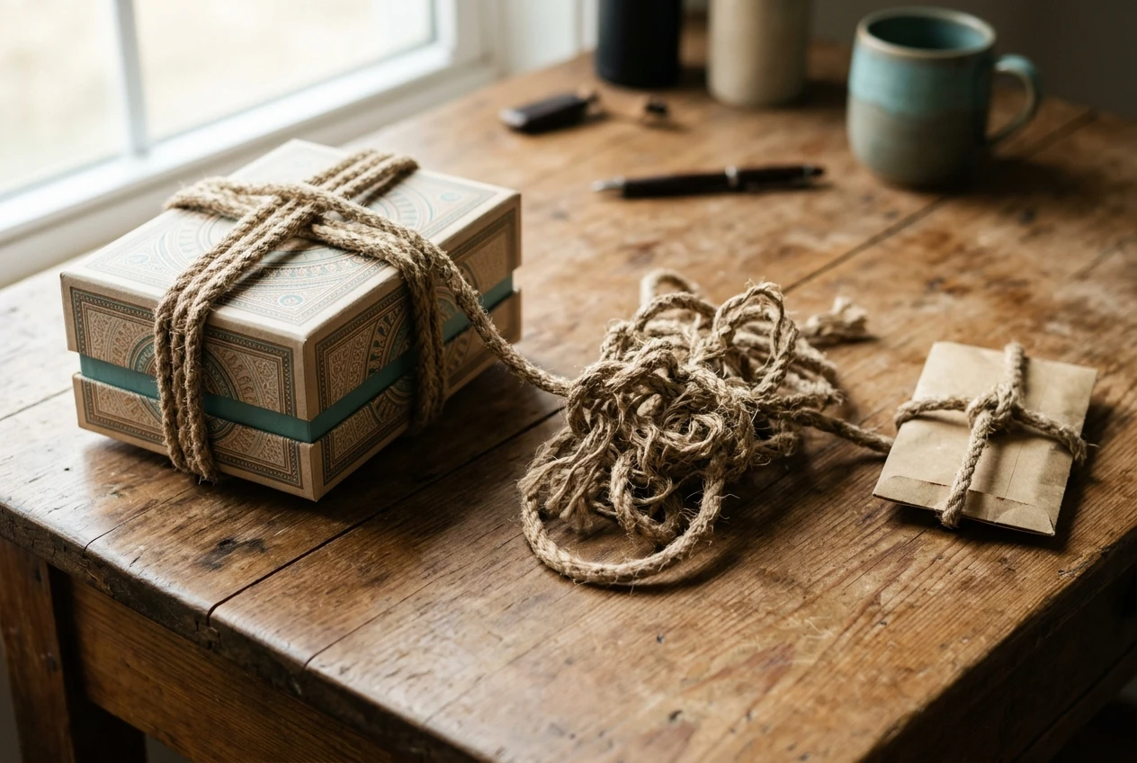 A beautifully packaged product box sitting on a wooden desk, with a thick tangled knot of rope tied between it and a small cash envelope on the far side, suggesting a good product held b